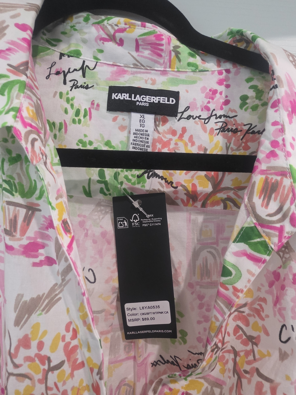 Karl Lagerfeld White Button-Up Shirt with Pink & Green Paris Print - Picture 2 of 6